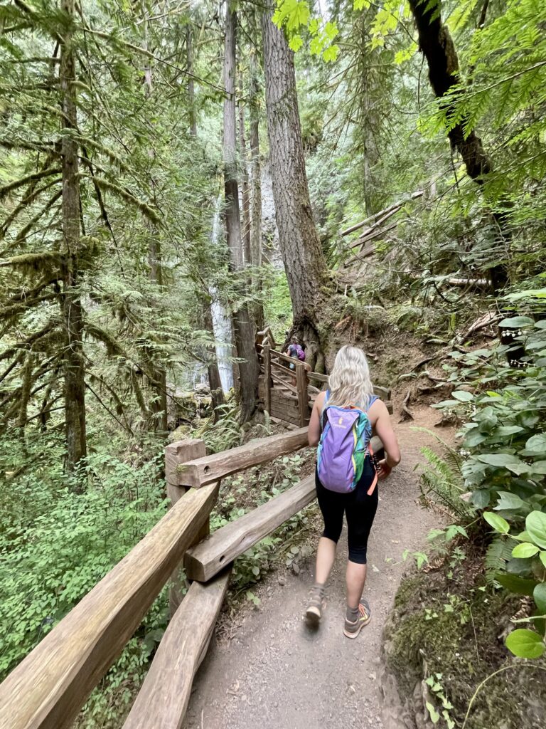 Nikki approaching Marymere Falls in Olympic NP