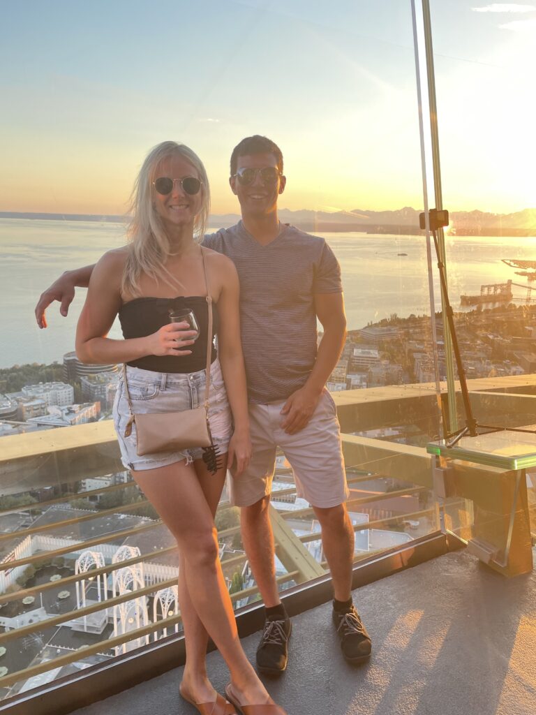 Nikki and Ryan at the Space Needle at sunset
