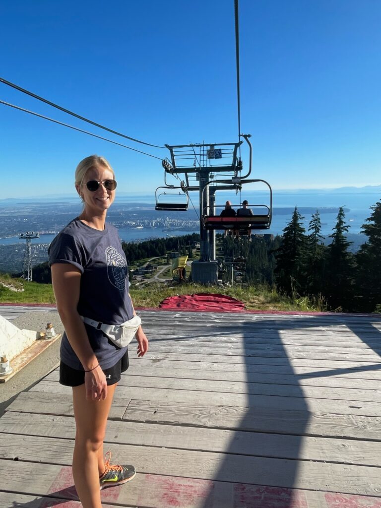 Nikki preparing to ride char lift from summit of Grouse Mountain