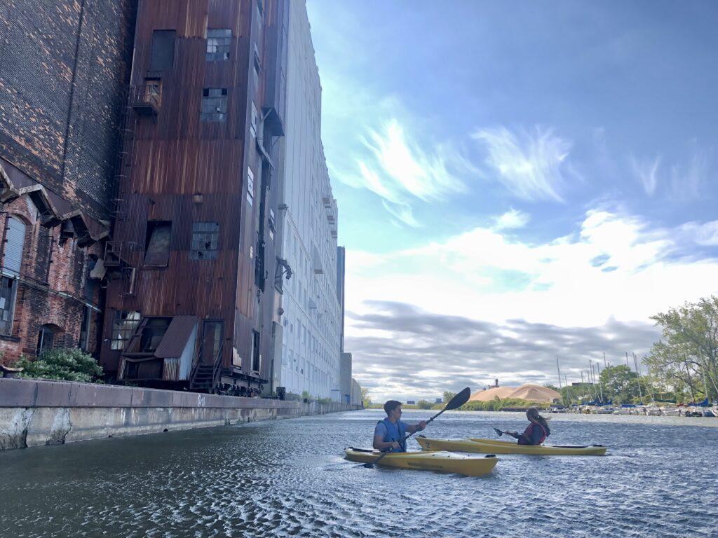 Ryan and Nikki kayaking near grain elevators