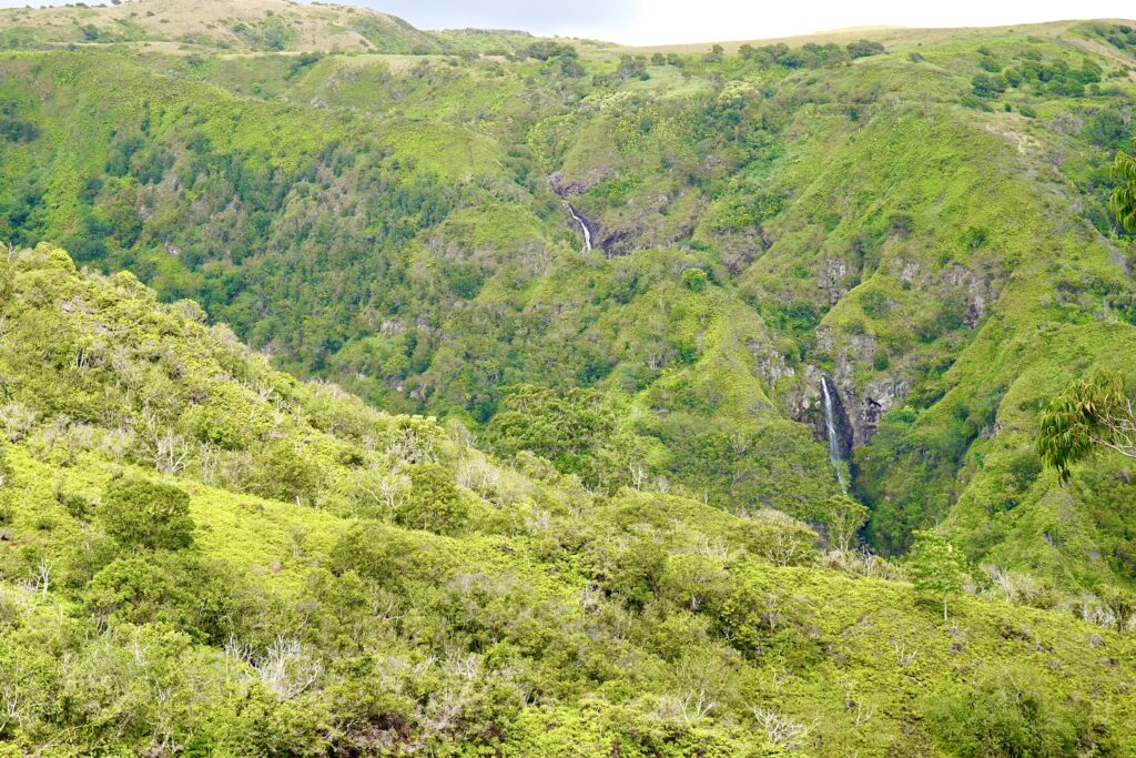 Distant waterfalls on Waihe'e Ridge Trail