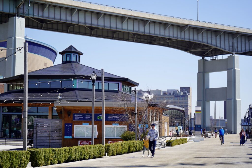 Walking down the Canalside boardwalk is an enjoyable free Buffalo activity