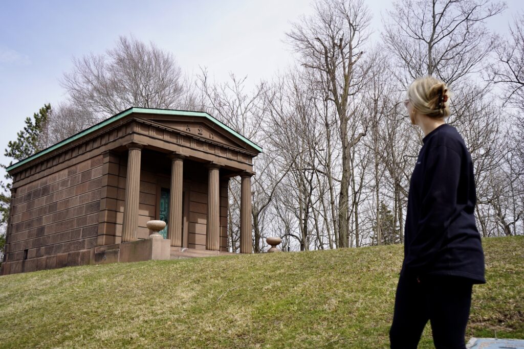 Nikki approaching the Letchworth family mausoleum