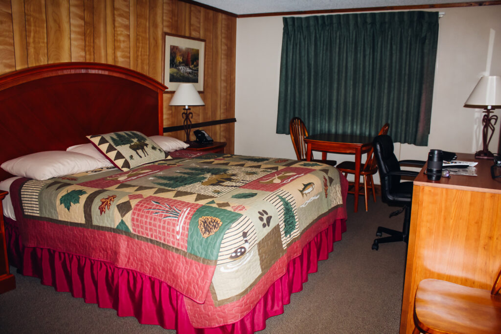 A small and slightly dated hotel room with a quilt bedspread and wood paneling.