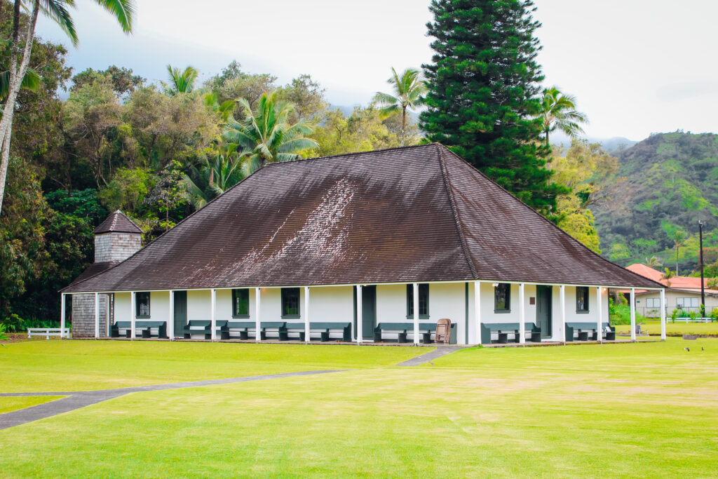 A white house surrounded by palm trees.