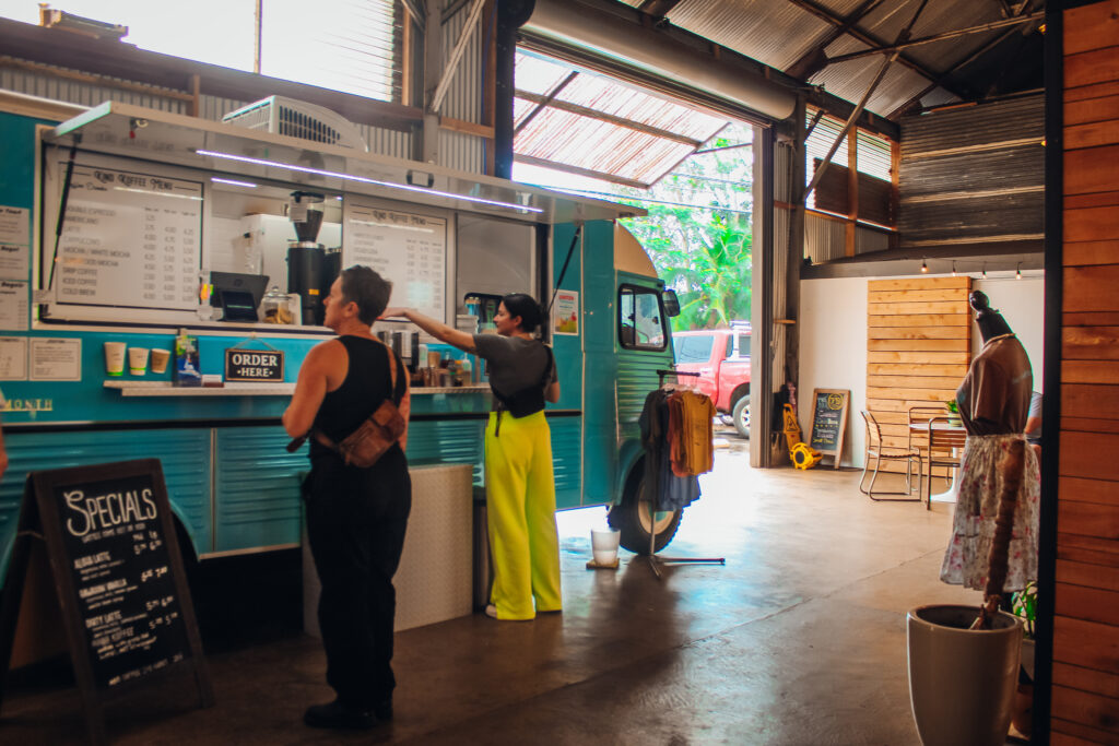 Coffee cart in a warehouse.