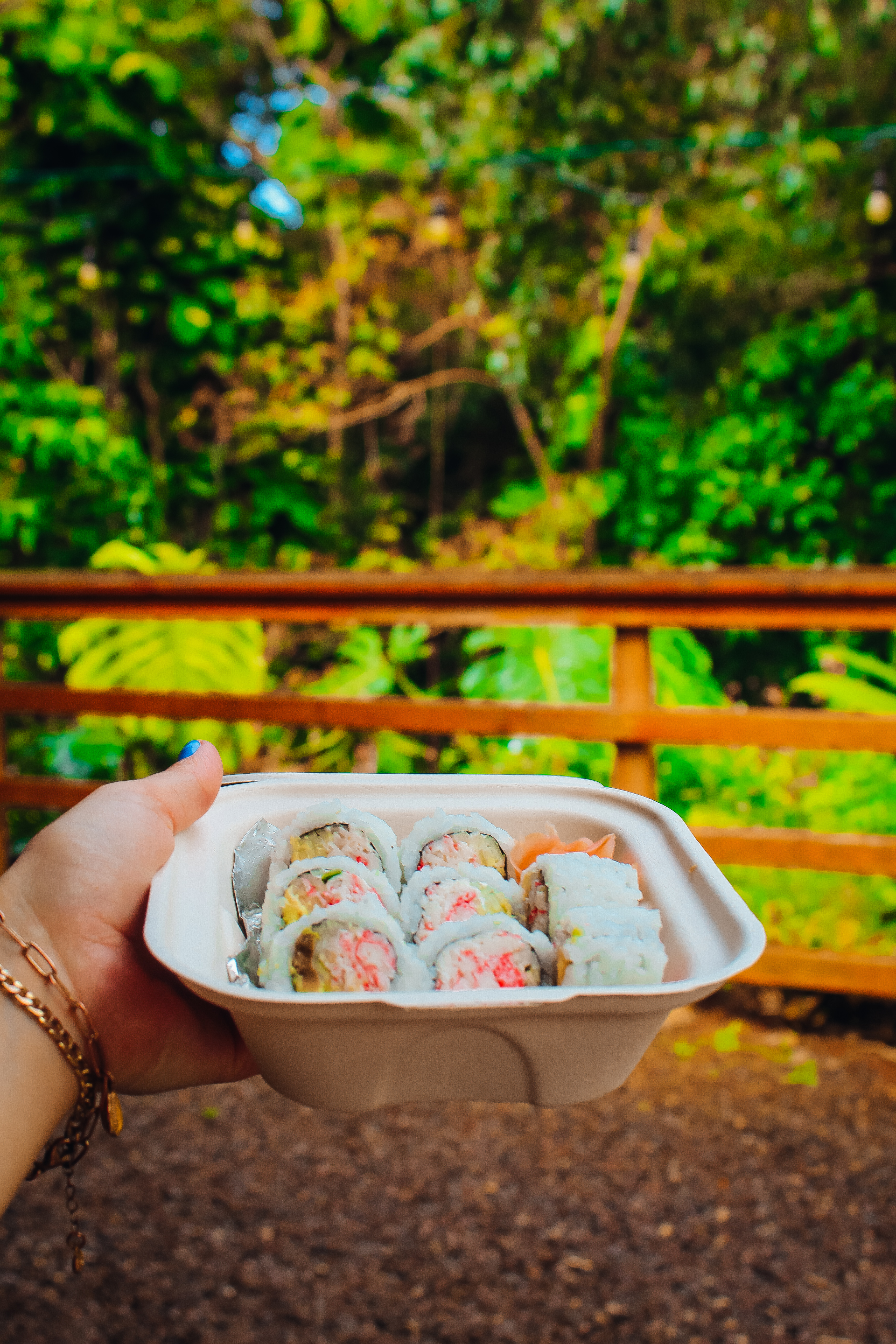 Sushi in front of the jungle.