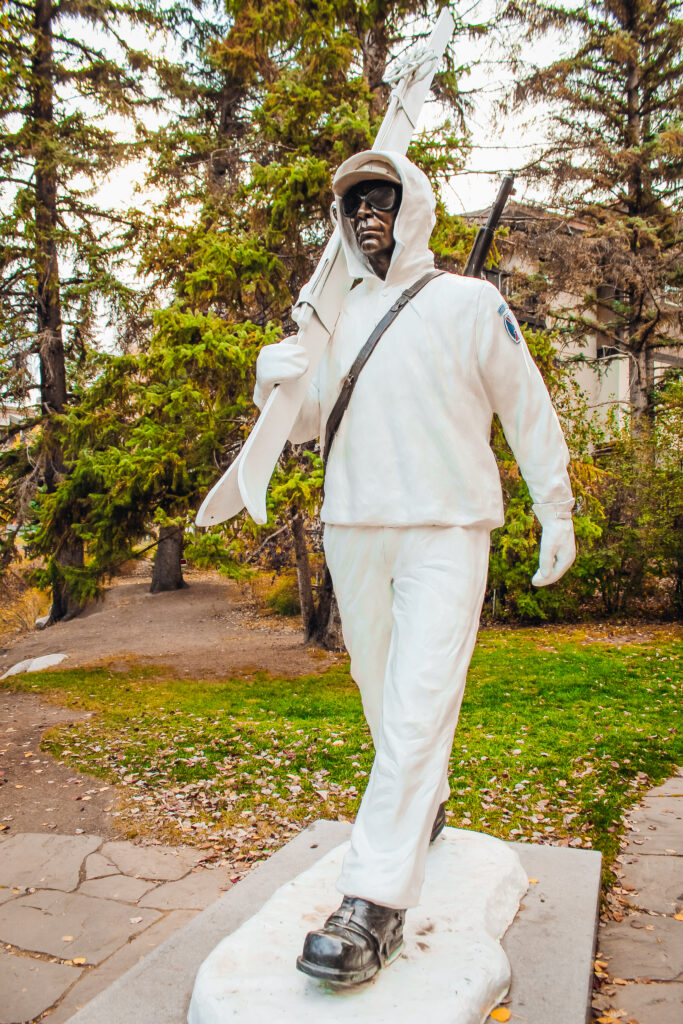 Outdoor statue of a skiier